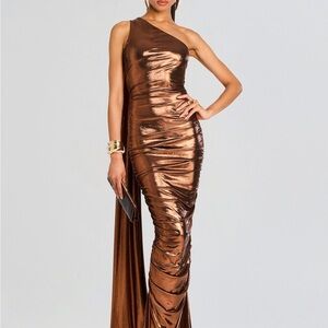 Brown Asymmetrical Ruched One-Shoulder Gown